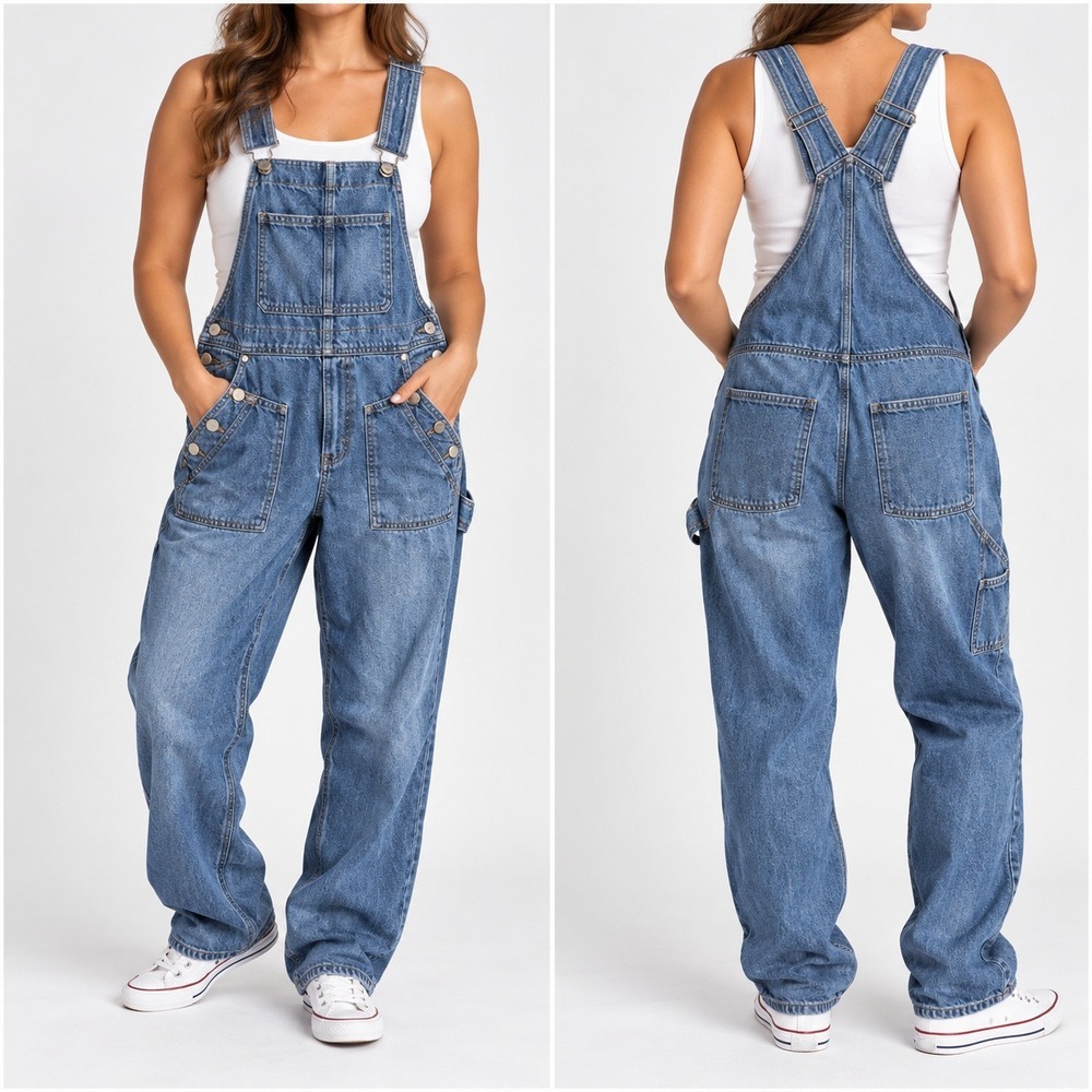 Gap Overalls Womens 8 Slouchy Medium Indigo Denim Utility Carpenter Bib